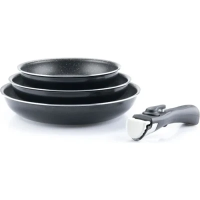Image de Set de 3 poeles ARTHUR MARTIN AM130 noir Tous feux dont induction 20/24/28 cm + 1 poignée Aluminium