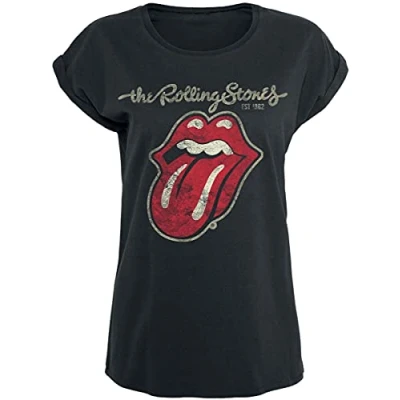 Image de The Rolling Stones Langue Usée Femme T Shirt Manches Courtes Noir S 100% Coton Large