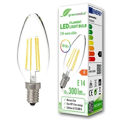 Image de greenandco® IRC 90+ Ampoule à Filament LED E14 3W (équivalent 28W) 300lm 2700K (blanc chaud) 360 230V Verre, aucun scintillement, non gradable