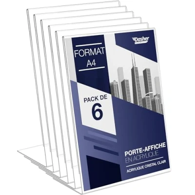 Image de Porte Document A4 Incliné en Acrylique Transparent, Pack de 6. Présentoir comptoir, publicité, cadre photo, pancartes, brochures, dépliants, menus, affichage. Maison, bureau, magasin, restaurant