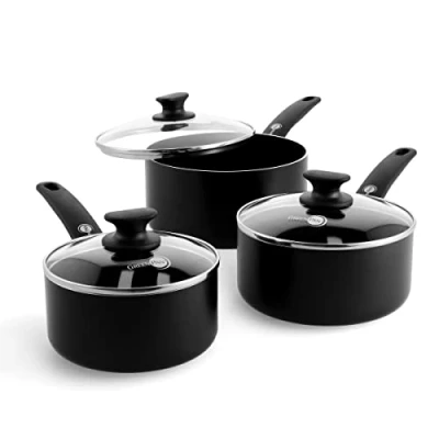 Image de GreenPan Cambridge Batterie de casseroles Antiadhésives en Céramique Sain, 16cm/1.5L, 18cm/2.1L et 20cm/3.1 L avec couvercles, Sans PFAS, L&#039;induction, au four lave vaisselle, Noir