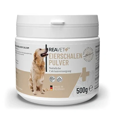 Image de Poudre de Coquille d&#039;œuf ReaVET Chien &amp; Chat 500g Source Naturelle Calcium pour des os et Dents sains, Chiens Chats, additif Barf