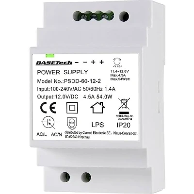 Image de Basetech PSDD 60 12 2 Alimentation Rail DIN V 4.5 A 54 W Nbr. de Sorties:2 x Contenu 1 pc(s)