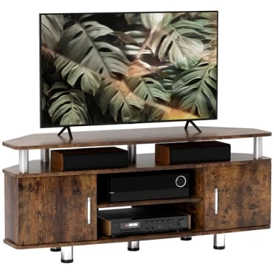 Image de HOMCOM Meuble TV télé Bois Banc pour téléviseur jusqu&#039;à 55 Pouces avec Grand Plateau, placards à Portes et Compartiment Ouvert Salon Chambre Coucher, 120 x 40 52 cm, Marron