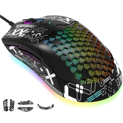 Image de KUIYN 383 Pro M5 Souris de Jeu Filaire ultralégère, Coque légère en nid d&#039;abeille, Pixart PAW3325, 6 DPI réglables 12000, 26 rétroéclairées à Respiration RVB, 65 g, Optique USB modèle O