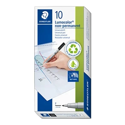 Image de Staedtler Lumocolor 316, feutres noirs non permanents à pointe fine pour toutes les surfaces, Sans xylène ni toluène, Boîte en carton avec 10 permanents, 316 9 VE
