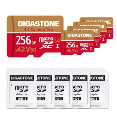 Image de [5 Ans Récupération de données Gratuite] Gigastone Carte Mémoire 256 Go Lot 5 Cartes, 4K Caméra Pro, Compatible avec GoPro Switch, Vitesse 100 Mo/s. A2 U3 V30 Micro SDXC Adaptateur SD.