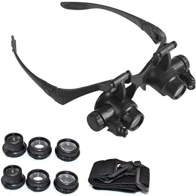 Image de Loupe avec lumière LED mains libres Tête 4 lentilles détachables 10X 15X 20X 25X pour lecture, bijoutier Loupe, montre et réparation électronique