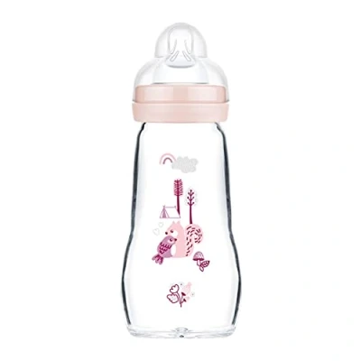 Image de MAM Feel Good Gourde en verre pour bébé avec tétine Taille 1 à partir de la naissance Écureuil/oiseau 260 ml