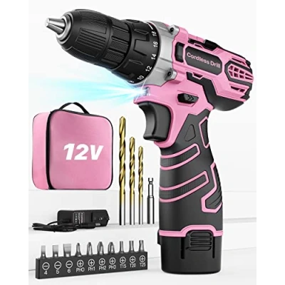 Image de Perceuse Visseuse Sans Fil 12V Rose, Devisseuse, Sac de Rangement, 15 Accessoires et Batterie, 25Nm, 18+1 Réglages Couple, 2 Vitesse, pour la Bricolage