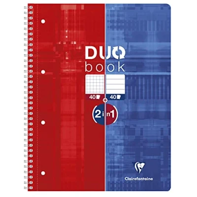 Image de Clairefontaine 82526C Un Duo Book Cahier Réversible à Spirale Perforé A4+ 22,5x29,7 cm 160 Pages (80 Petits Carreaux + 80 Lignées) Papier Blanc 90 g Couverture Carte Pelliculée