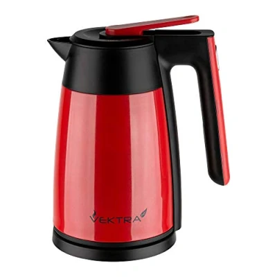 Image de Vectorsra VEK 1703R Bouilloire à double paroi isolée sous vide avec réglage de la température 1,7 L, rouge, acier inoxydable, sans fil, prise UE, économie d&#039;énergie