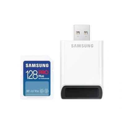 Image de Samsung Pro Plus MB SD128SB/WW Carte SD UHS I U3 Full HD &amp; 4K UHD 180 Mo/s en Lecture 130 écriture pour appareils Photo et Drones avec Lecteur de USB