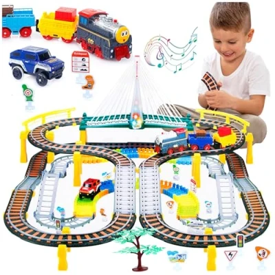Image de Train électrique avec Circuit Automobile de Course pour Enfants, Voies ferrées, Voitures, à Batterie, 2en1 KP0635