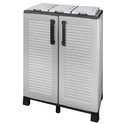 Image de Armoire pour Tri Selectif 3 Poubelles Gris Clair 68 x 37 90cm 2 Portes 4 pieds INTEC