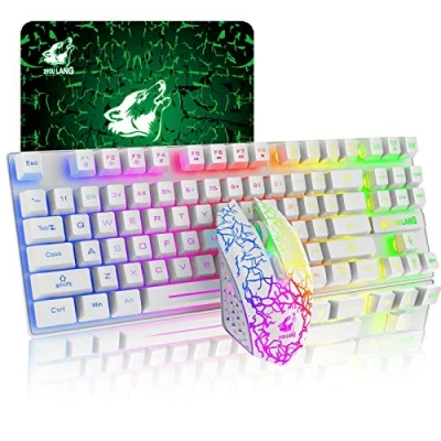Image de Upgrade 87 touches clavier sans fil souris combo, arc en ciel rétro éclairé 2.4G de jeu mécanique rechargeable+2400 DPI 6 boutons optique LED+tapis (blanc)