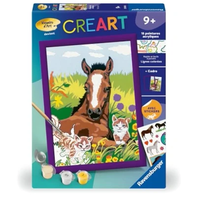 Image de CreArt Kids 18x24cm Cheval et chatons, Kit de peinture par numéros Numéro d&#039;Art, Dès 7 ans, 25840, Ravensburger