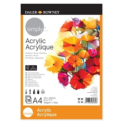 Image de Daler Rowney Simply Linen Texture Bloc de papier acrylique 190 g/m² A4 collé 1 côté 16 feuilles blanches Idéal pour les artistes débutants et amateurs