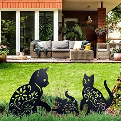 Image de MSLing Cat Yard Art Jardin Statues Métalliques Déco, 3 PIÈCES Chat Évider Silhouette Forme Animale Pieu Décorations, Noir