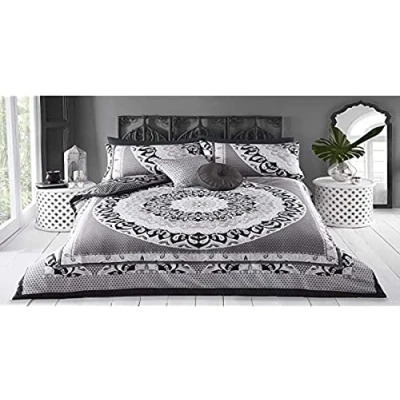 Image de Sleepdown Parure de lit réversible 1 Place Design en Coton Super Doux et Facile d’Entretien Couvre à Motif Cachemire Noir Gris Dimensions : 135 x 200 cm + 2 taies d&#039;oreiller Assorties