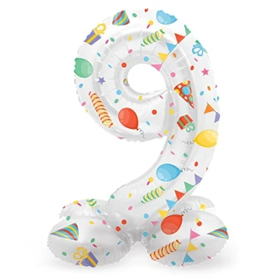 Image de Folat Zahl 64769 Ballon Aluminium Numéro avec Base Chiffre 9 Joyful Party 41 cm pour Date, Anniversaire, Décoration, Pas Besoin d&#039;hélium, Vert