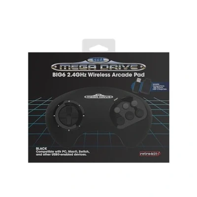Image de Retro Bit Big6 2.4GHz Manette sans Fil pour SEGA Mega drive/Switch/PC/Mac Clear Black Neuf