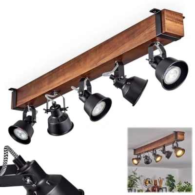 Image de plafonnier Safari, moderne en métal/bois noir/marron foncé, design industriel avec abat jour ajustable, 5 flammes, x GU10 sans ampoules