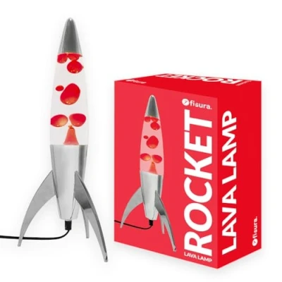Image de Fisura Lampe à lave rouge rocket. Base blanche, liquide et blanche. rétro avec ampoule de rechange. 20 cm x 45 cm.