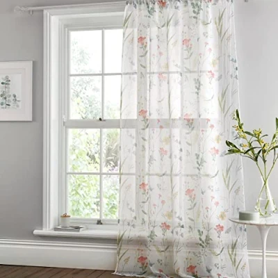 Image de Dreams &amp; Drapes Voilage Simple Motif Floral de Prairie d&#039;été pour fenêtres 140 x 122 cm (l L) Blanc Chambre à Coucher et Salon Voilages Blancs