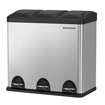 Image de SONGMICS poubelle de cuisine 54 litres, à pédale avec 3 compartiments, seau intérieur et 6 autocollants pour tri des déchetls, LTB54L, Argent/Noir, 60,4 x 30 56,3 cm (L B H)