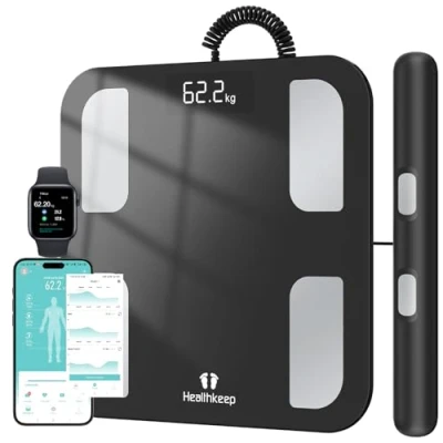 Image de Balance Connectée Pèse Personne Impédancemètre Digitale avec 8 Electrodes, Haute Précision, Composition Corporelle Complète 18 Données de Base, Écran LED, Grande Surface