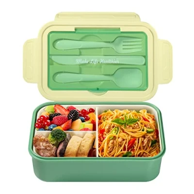 Image de Diboniur Boîte à déjeuner avec compartiments, couverts, pour enfants et adultes, 1400 ml, passe au micro ondes, l&#039;école, le bureau (vert)