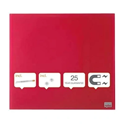 Image de Nobo Petit Tableau Blanc Mural Carré, Surface Magnétique en Verre Effaçable à Sec, Sans Cadre, Fixations Invisibles, 300 x mm, Feutre Marqueur et Aimants Inclus, Rouge, 1903954