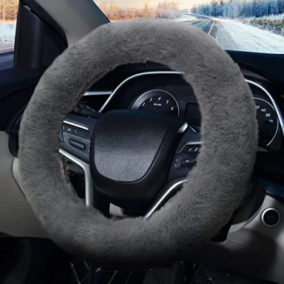 Image de Pahajim Couvre Volant Fluffy Housse Voiture en Fourrure，Fuzzy Caches de Universelle 36 39cm Moumoute pour Femmes (Gris)