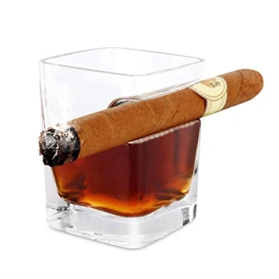 Image de iPawde Whisky Cigar Glass, Double verre à l&#039;ancienne avec repose cigare intégré, convient au whisky, scotch, bière, vin (Carré)