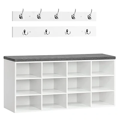 Image de HOOBRO Banc à Chaussures, de Rangement avec 12 Compartiments, Étagère Porte Manteau, 100 x 30 48 cm, Entrée, Couloir, Chambre, Blanc et Gris EWT112HX01