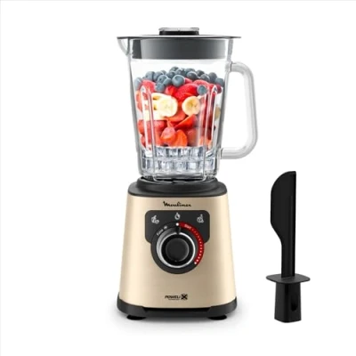 Image de Moulinex Blender électrique, 1200 W, Bol verre capacité utile 1,5 L, Mixeur Smoothie, Technologie de lames Powelix, Haute qualité, Nettoyage facile, PerfectMix Noir/Or LM871A10
