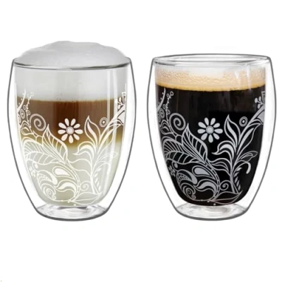 Image de Creano Lot de 2 verres à Double paroi 250 ml Verre isotherme avec décor blanc fleuri