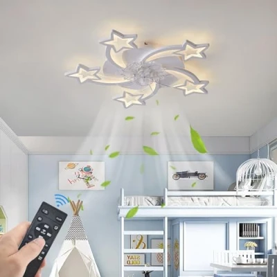 Image de Enfant Ventilateur Plafond avec Lumiere Silencieux 6 Vitesses Dimmable Lustre de Led Réversible Hiver Été Plafonnier Design APP Minuterie pour Chambre Salon White