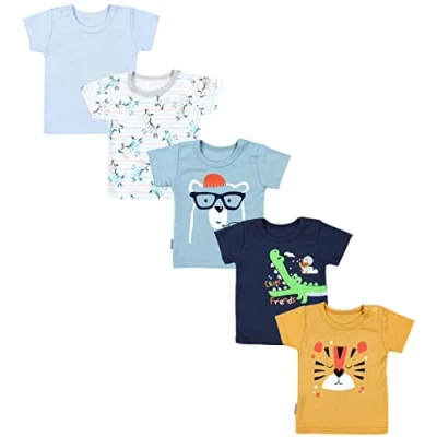 Image de TupTam T Shirts Bébé avec Manches Courtes, Lot de 5, Crocodile/Bleu foncé/Tigre/Jaune Moutarde/Zèbre/Bleu, 104