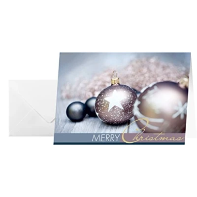 Image de SIGEL DS024 25 cartes de noël ou vœux fournies avec leur enveloppe, motif décorations noël, 10,5 x 14,8 cm, bronze et argenté, facile à imprimer