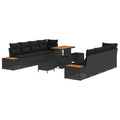 Image de Ensemble de canapé jardin vidaXL 11 pièces avec coussins noir poly rotin 3364839