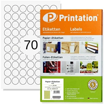 Image de Printation Étiquettes rondes 24 mm adhésives de diamètre 7000 étiquettes autocollantes imprimables blanches 100 feuilles A4 / 70 par feuille 7 x 10 Points