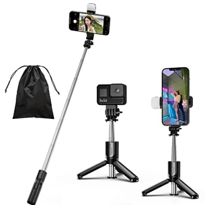 Image de Eono Perche Selfie avec Lumière, 4 en 1 Mini Stick Trépied Monopode Réglable Télescopique Télécommande Amovible Compatible iPhone et Android Gopro Camera