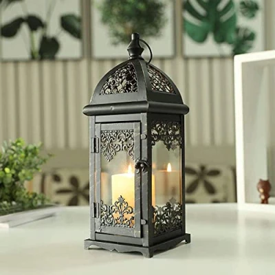 Image de JHY DESIGN Lanterne À Bougie de Marocain 38cm Métal Bougeoir Style Vintage Grande Decoration aid Marocaine Orientale pour La Maison Balcon Intérieur Extérieur Mariages(Noir)
