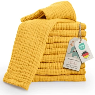 Image de LAYNENBURG Lot de 10 Linge Crachat Premium Bébé en Mousseline Extra Douce 100% Coton 30x50cm Oeko Tex 100 comme Langes Gaze ou Couches Tissu (Jaune)