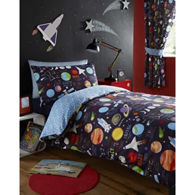 Image de Kidz Club Parure de lit Simple avec Housse Couette et taie d&#039;oreiller Motif planètes, Polyester Coton, Noir foncé