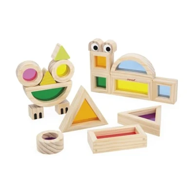 Image de Janod Assembler Jeu d&#039;Eveil Sensoriel 18 Blocs et 6 Cartes Modèles Appentissage des Formes Couleurs Développe La Motricité Fine Jouet en Bois Dès 12 Mois J05306, Multicolore