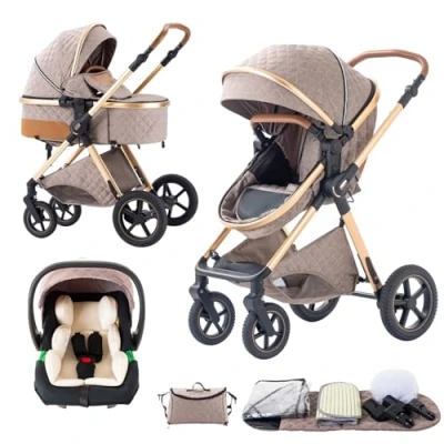 Image de BEBBY Poussette 3 en 1, Poussettes Combinée Portable Pliant Un Clic，Poussettes Citadines Avec Siège Auto, Canne Paysage Haut Cadre Aluminium Pour Nouveau né