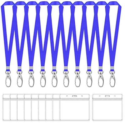 Image de 10 Sets Porte Badge avec Cordon Cou, Étanche Transparent ID Carte et Nylon Tour de Cou Crochet Pivotant, Nom Sangle pour Bureau École Exposition (Bleu, Horizontal)